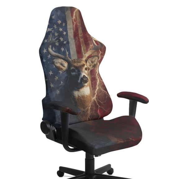 Whosucclay Elk American Flag Print Stretchable Gaming Chair Cover, Machine Washable, Anti-Scratch Slipcover with Armrest Protection, Cat Scratch Proof for Office and Computer Chairs