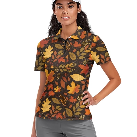Whosucclay Fall Leaves Mix Pattern Polo Shirts, Daily Going Out Soft Lightweight Athletic Tops for Tennis Golf Vacation 1/4 Zip Size Small
