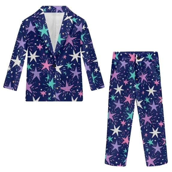 Whosucclay Fireworks Star Print Durable Boys Suit, 2 Piece Blazer Pants Set Elastic Waist Polyester Boys Suit Set for Prom Party