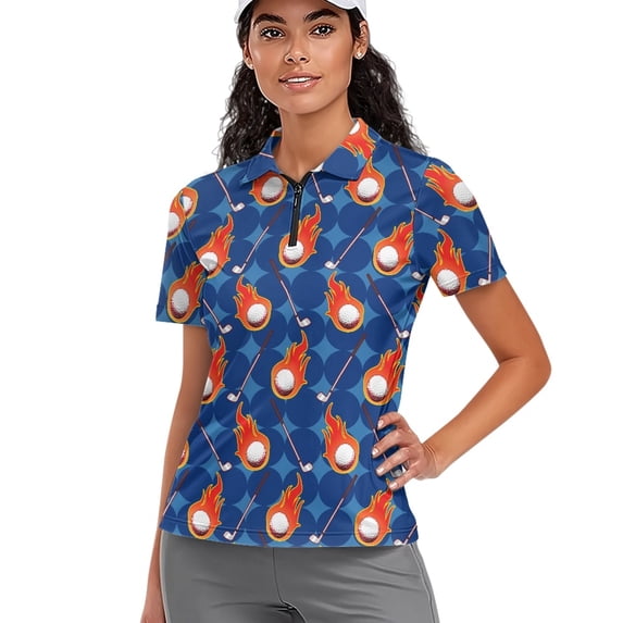 Whosucclay Flaming Golf Ball Pattern V Neck Golf Shirt for Tennis Outdoor Exercise, Skin Friendly Women Short Sleeve Golf Shirts Collared Polyester V Neck Golf Shirts Size Large