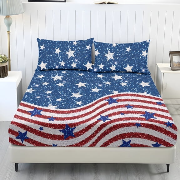 Whosucclay Flash American Flag 3 Piece Fitted Sheets, High Stretch Bed Set for Home Decor, 1 Fitted Sheet and 2 Pillowcases, No Flat Sheet Machine Washable Full Wrap, Twin Size