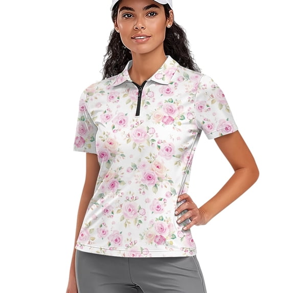Whosucclay Floral Butterfly Back Quick Dry Golf Shirt for Tennis Bowling Hiking, 1/4 Zip Polo Shirts Moisture Wicking Polyester Athletic Shirt Size X-Small
