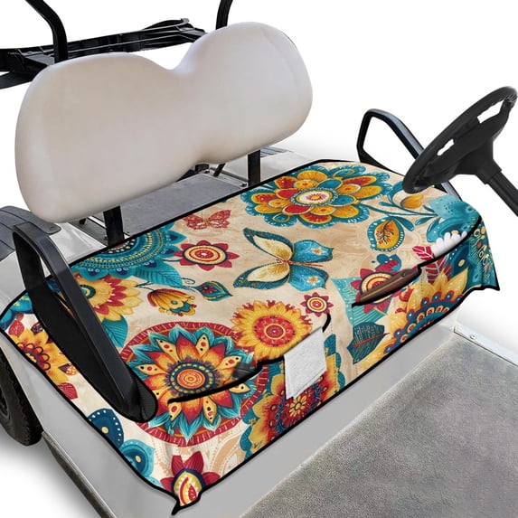 Whosucclay Floral Butterfly Mandala Golf Cart Seat Cover Blanket, with 4 Pockets Non-slip Anti-Scratch Seat Cushion Cover for Club Car Yamaha EZGO, 52.36" x 32.28"