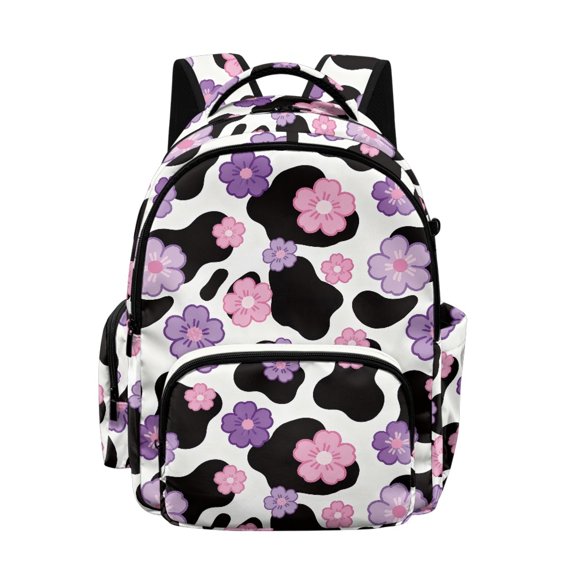 Whosucclay Floral Print on Cow Pattern Background 17 Inch Bookbag for Girls Boys, Lightweight Large Capacity Kids Backpack for High School College Elementary School
