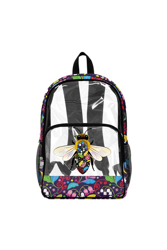 Flower Bee Pattern Backpack Adjustable Straps Transparent Backpack with Heavy Duty PVC Polyester, Elementary Kindergarten Bookbag with Shoulder Straps PVC