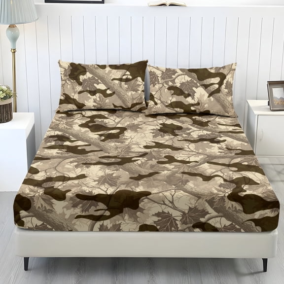 Whosucclay Forest Camo 3-Piece Fitted Sheet, Cozy Soft Fitted Sheet Set with Fitted Sheet & 2 Pillowcases, No Flat Sheet Included, Deep Pockets Fitted Sheets, Queen Size