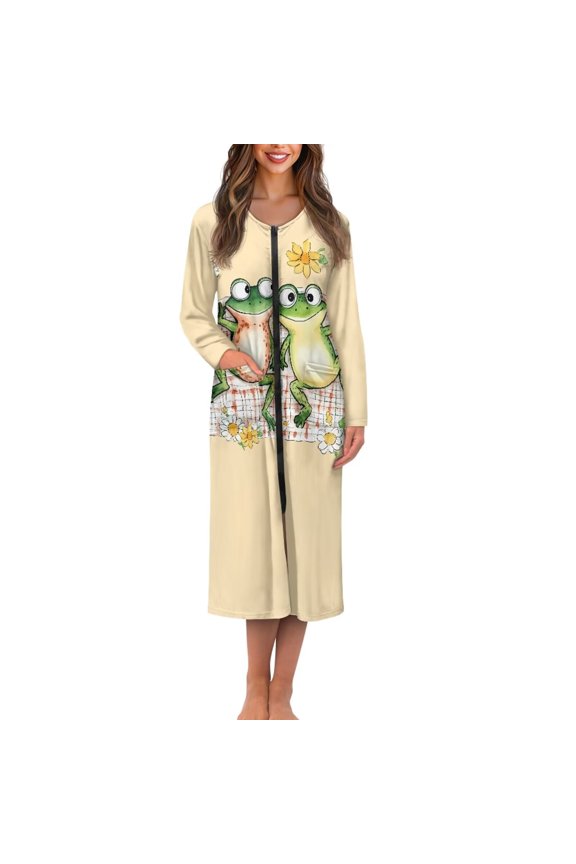Frog Daisy Sunflower Print Zipper Front Robes for Women, Women's Nightgown with Zipper Casual Style Long Sleeve Housecoat Loungewear Breathable Crew Neck Sleepwear Dress, 3XL