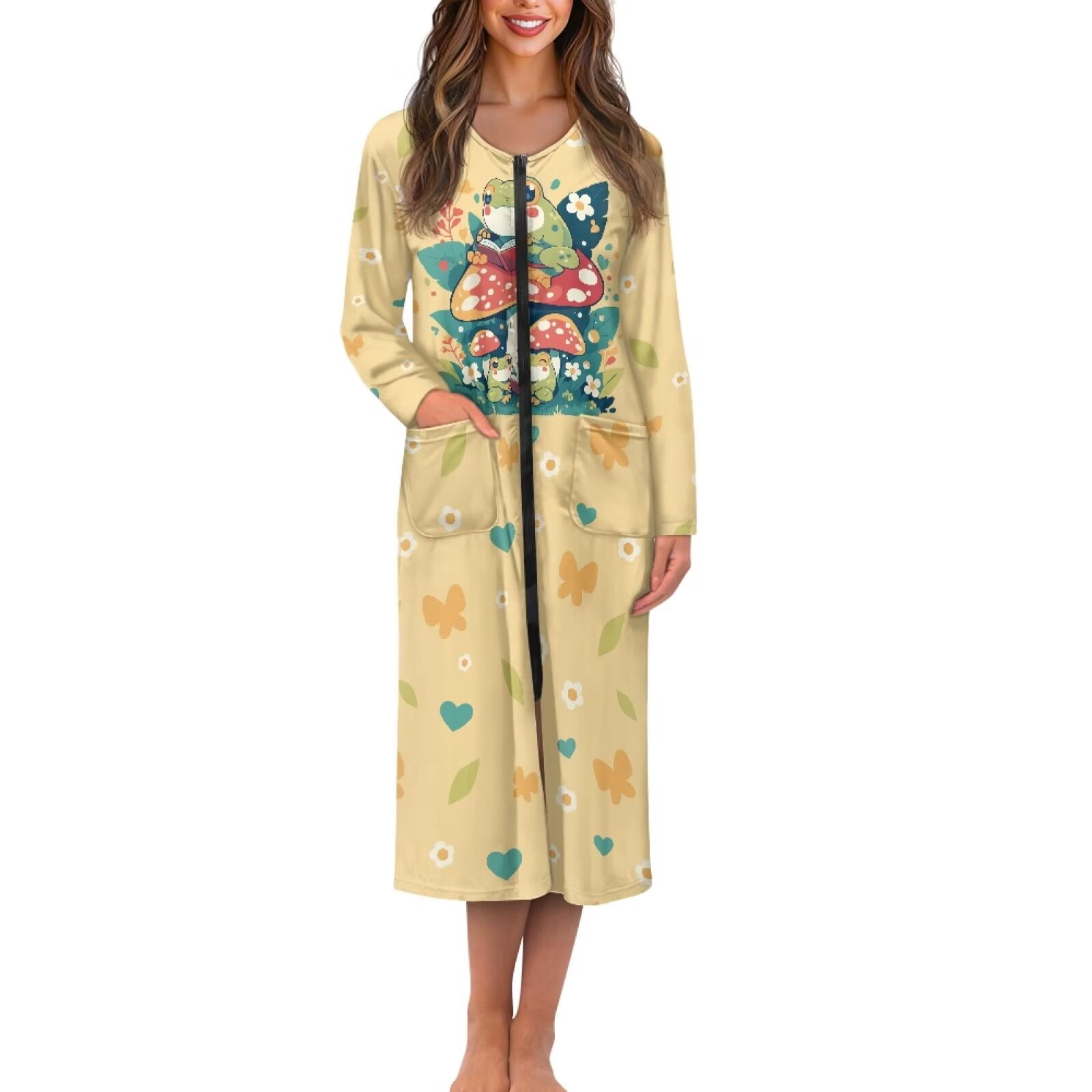 Whosucclay Frog Mushroom Butterfly Print Nightgowns for Women Zip Up ...