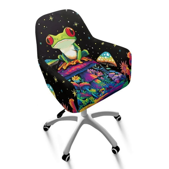 Whosucclay Frog Mushroom Daisy Star Print Swivel Armrest Curved Back Cover, Washable Home Office Desk Chair Covers, Dustproof Stretch Wingback Dining Chair Cover Protector, for Vanity Living Room