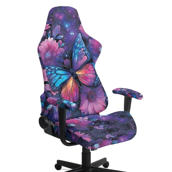 Whosucclay Galaxy Butterfly Flower Print Gaming Chair Cover, Office Chair Cover with Zipper, Stretch Anti-dust Universal, Removable High Back Computer Seat Protector for Pets