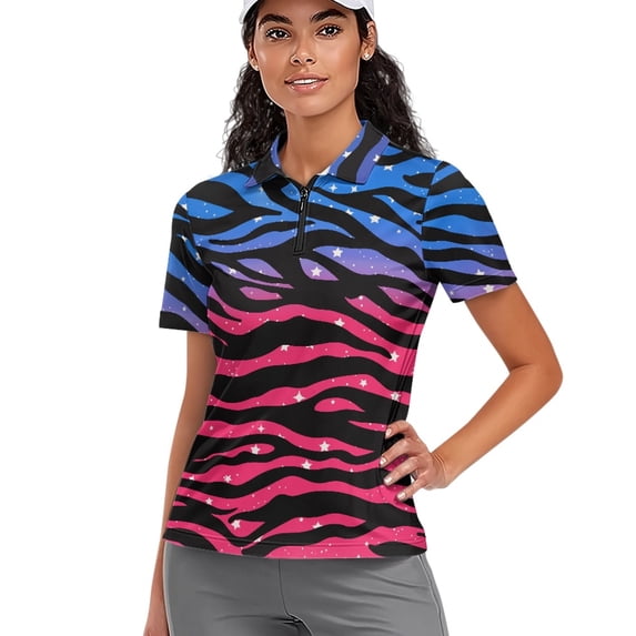 Whosucclay Galaxy Zebra Stripe Breathable Golf Polo Tops for Tennis Outdoor Bowling, Soft Polo Shirts Moisture Wicking Polyester Tennis Shirts Size X-Small