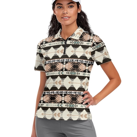 Whosucclay Geometric Arrow Pattern Quick Dry Polo Shirts, Polyester Golf Polo Tops Stretch Sun Protection Women Short Sleeve Golf Shirts for Tennis Outdoor Golf Course Size X-Small
