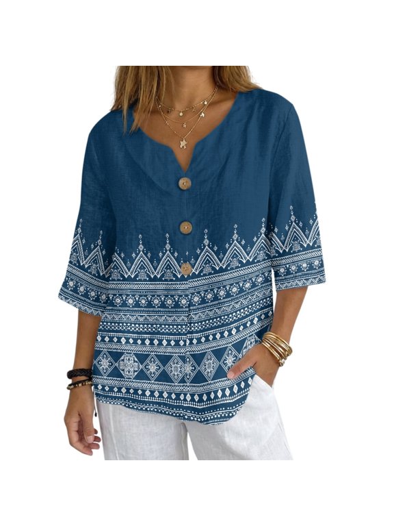 Geometric Pattern Imitation Linen-Like Blouse, Casual Button Down Shirt Top Loose Casual Imitation Linen-Like Shirt for Spring Daily Wear, Size Medium