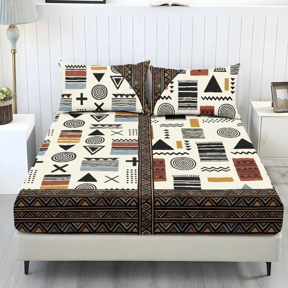 Whosucclay Geometric Retro Pattern 3Pc Fitted Sheet Set, Soft Fitted Sheets for Bedroom, Fitted Sheet & 2 Pillowcases, No Flat Sheet Included All Season Wrinkle Free, Twin Size