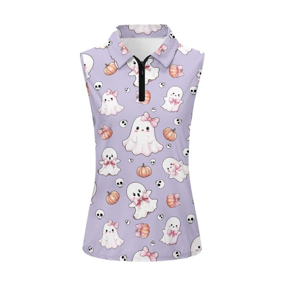 Whosucclay Ghost Bow Pattern Golf Tank for Women, Sleeveless Anti Fade Half Zip Women's Sleeveless Golf Shirts for Athletic Outdoor Tennis Exercise
