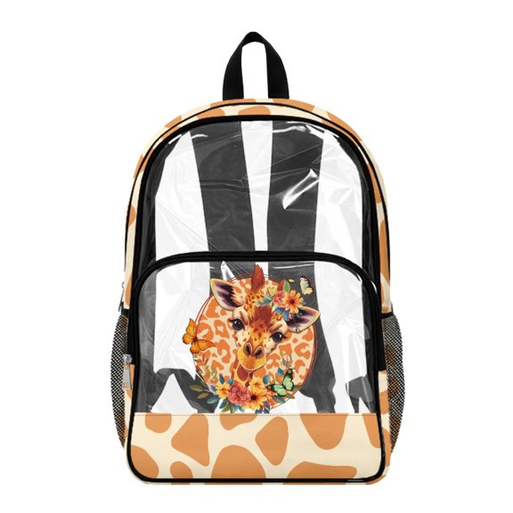 Whosucclay Giraffe Floral Pattern Clear Backpack for Girls Boys, High School Elementary Transparent Side Pockets Transparent Backpack for Travel Concerts