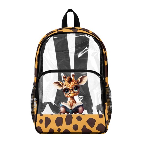 Whosucclay Giraffe Pattern Clear Backpack with Adjustable Straps Side Pockets Transparent Backpack, Heavy Duty 17 Inch Transparent Daypack for Stadium Gym Travel