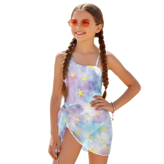 Whosucclay Girls' One-Piece Swimsuit with Adjustable Shoulder Straps and Mesh Cover Up, Adjustable Strap Quick Dry Girls' One Piece Swimsuit with Cover Up, 11-12 Years Old
