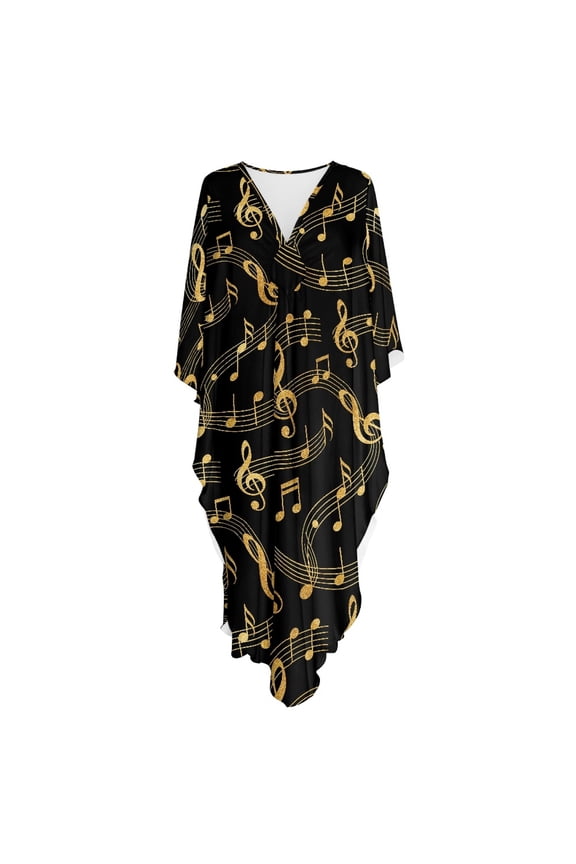 Gold Glitter Musical Notes Pattern, Caftan Beach Cover Up for Women Moroccan Mumu Dress Loose Fit Oversized Kaftan Maxi Dress for Home, Pool Party