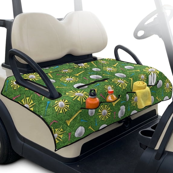 Whosucclay Golf Ball Tee Pattern Foldable Golf Cart Seat Covers, 51.18 x 30.3 inches 4 Storage Pockets Keeps Seat Cool