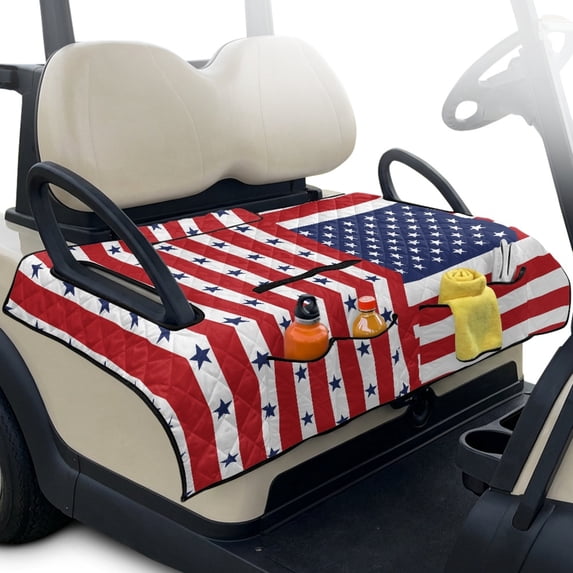Whosucclay Golf Cart Accessories for Club Car EZGO, 4 Storage Pockets Golf Cart Seat Cushion Cover Stain-Resistant Club Car Seat Cover, American Flag Striped