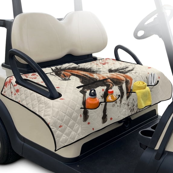 Whosucclay Golf Cart Seat Covers for Club Cars, 4 Convenient Pockets All-Weather Protection Seat Towel Blanket Covers Non-Slip Protector, Ink Horse Cherry Blossom