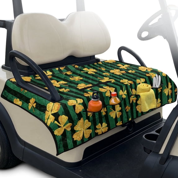 Whosucclay Golf Cart Seat Towel for 2-Seater Golf Cart Club Car, 4 Pockets Stain-Resistant Golf Cart Seat Cushion Cover, Gold Clover Stripe Design