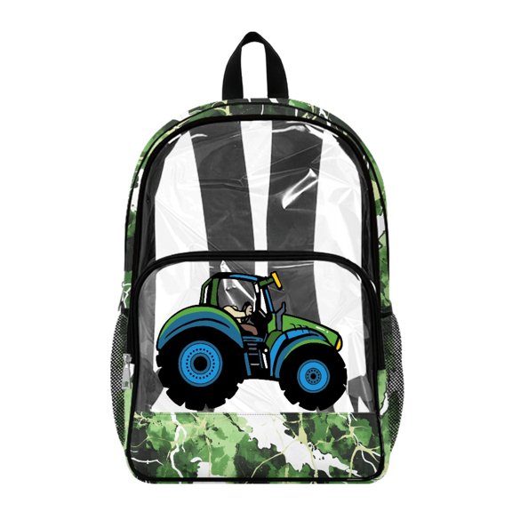Whosucclay Green Marble Tractor Print Clear Backpack for Girls Boys, 17 Inch Adjustable Straps School Bag Preschool Elementary with Transparent Large Capacity