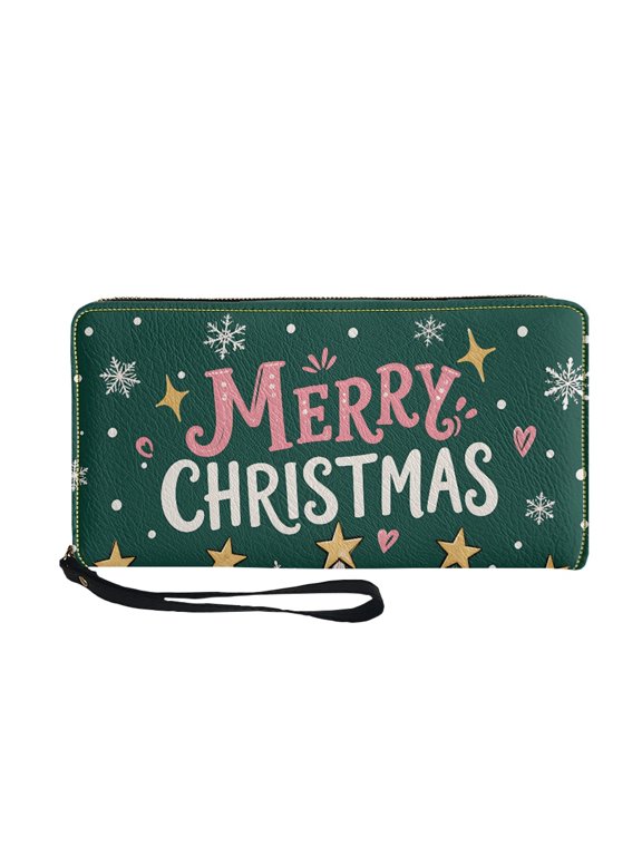Green Merry Christmas Print Wrist Strap Clutch Purse for Women, Large Capacity Full Zipper Travel Wallet, Cit Card Cash Coins Ticket Organizer for Daily Use Shopping