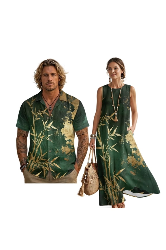 Green Tree Leaf Print Linen-Like Matchable Couple Luau Shirt for Men, Women's Casual Loose Summer Sleeveless Dress, Beach Tropical Dresses with Pockets, Holiday Party Outfits, Size 3XL