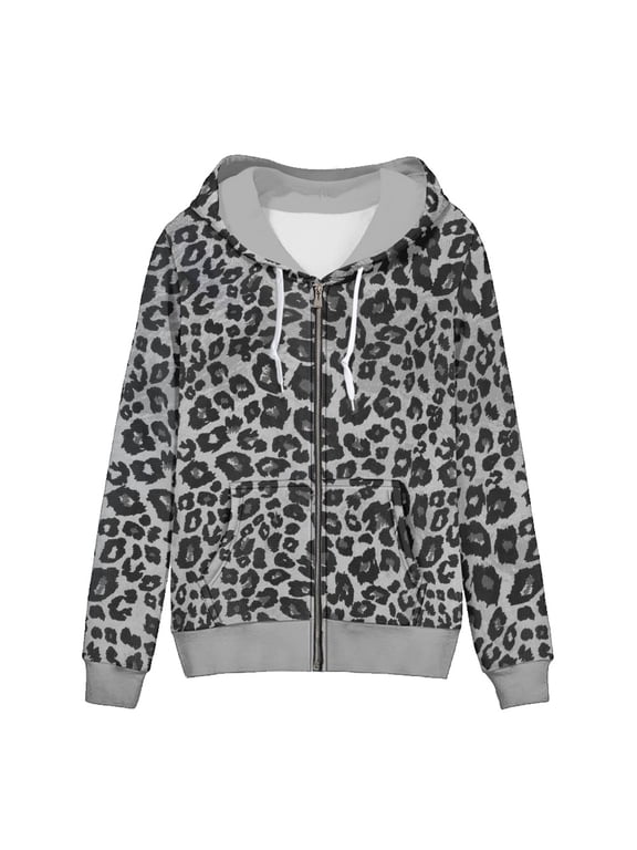 Grey Leopard Print Women's Zip Up Hoodie Loose Fit Flattering Shoulder Line Soft Casual Hooded Sweatshirt with Pocket for Daily Wear Outdoor Activities