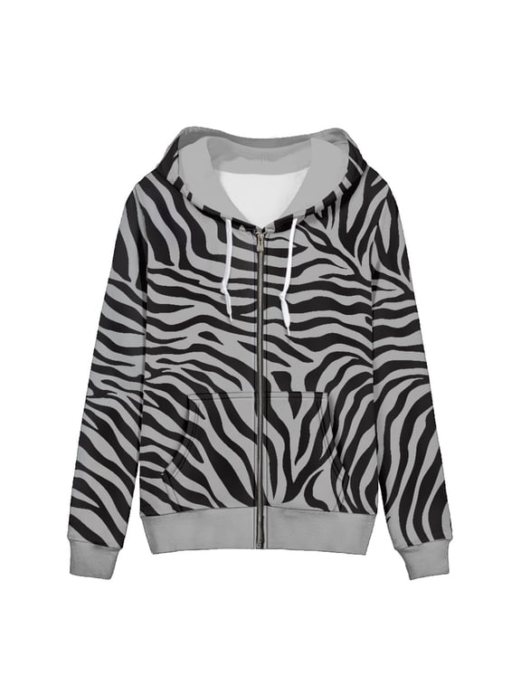 Grey Zebra Stripe Women's Full Zip Hoodie Jacket Casual Loose Fit with Kangaroo Pocket Breathable Fabric for Daily Outings Workout Casual Wear