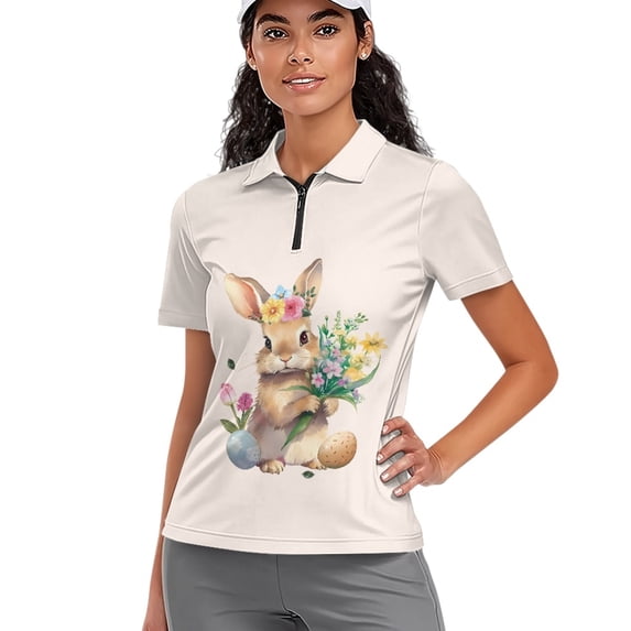 Whosucclay Half Zip Polo Shirts for Golf Tennis Walking, Polyester Quick Dry V Neck Golf Tennis Shirt, Rabbit Easter Egg Pattern Size Small
