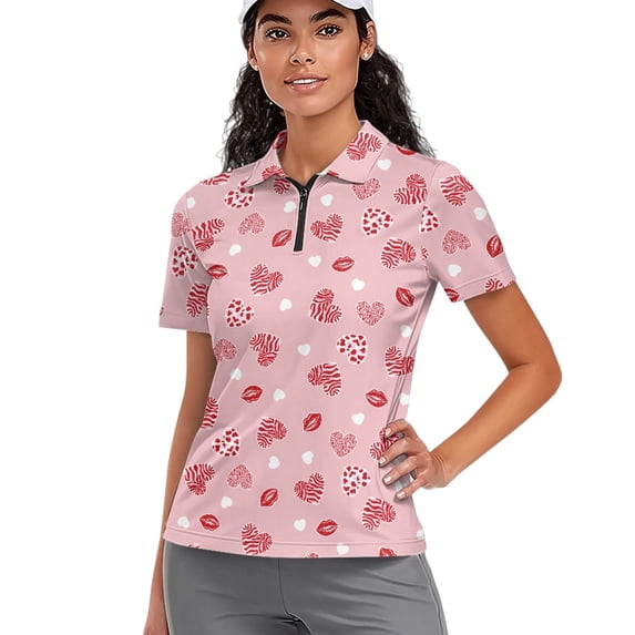Whosucclay Heart Pattern Breathable Polo Shirts, Polyester Golf Short Sleeve Shirt Elastic Soft Tennis Shirts for Yoga Summer Hiking Size X-Large