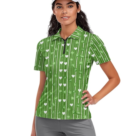 Whosucclay Heart Stripe Design Quick Dry Polo Shirts for Tennis Golf Outdoor Sports, Comfortable Athletic Tops 1/4 Zip Polyester Golf Short Sleeve Shirt Size X-Large