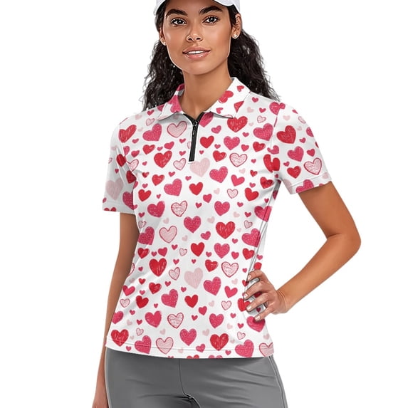 Whosucclay Hearts Pattern Moisture Wicking Golf Polo Tops, Polyester Polo Shirts Soft Lightweight Athletic Tops for Tennis Outdoor Outdoor Sports Size XX-Large