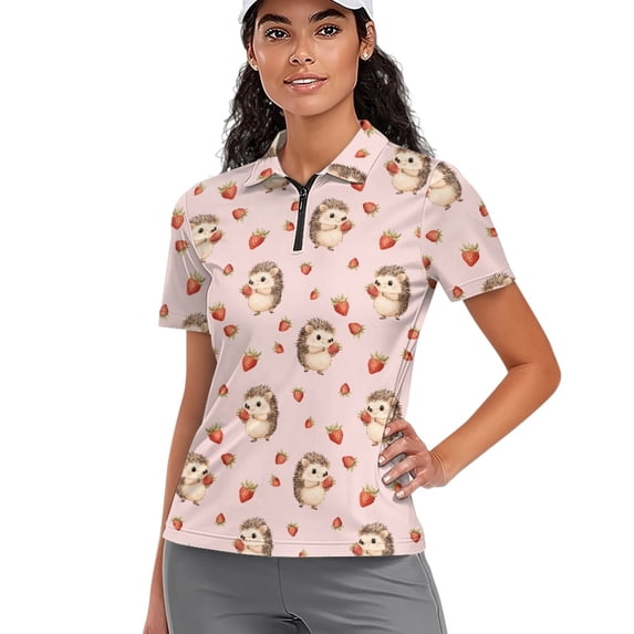 Whosucclay Hedgehogs Strawberries Women Short Sleeve Golf Shirts, Soft Breathable V Neck Women Zip Golf Shirts for Tennis Fitness Summer Half Zip Size X-Small