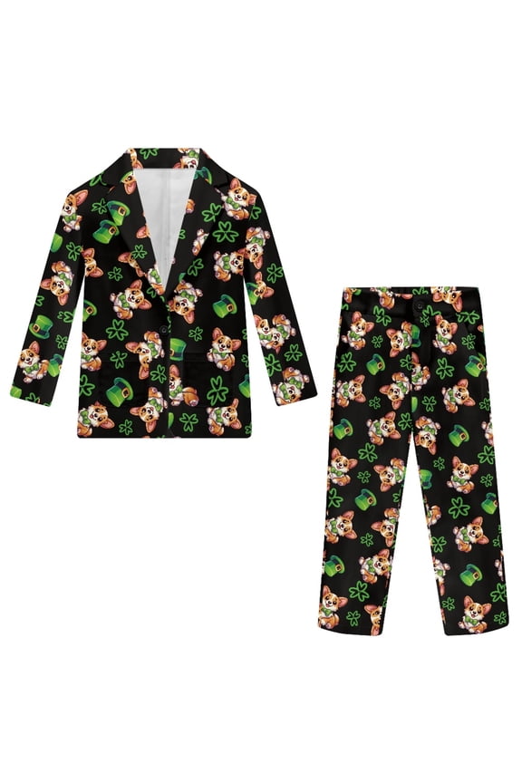 High Durability Boys Suit for Dinner Wedding, Polyester Anti-Shrink Anti-Fade Boys Suit Set, Clover Lucky Hat Design