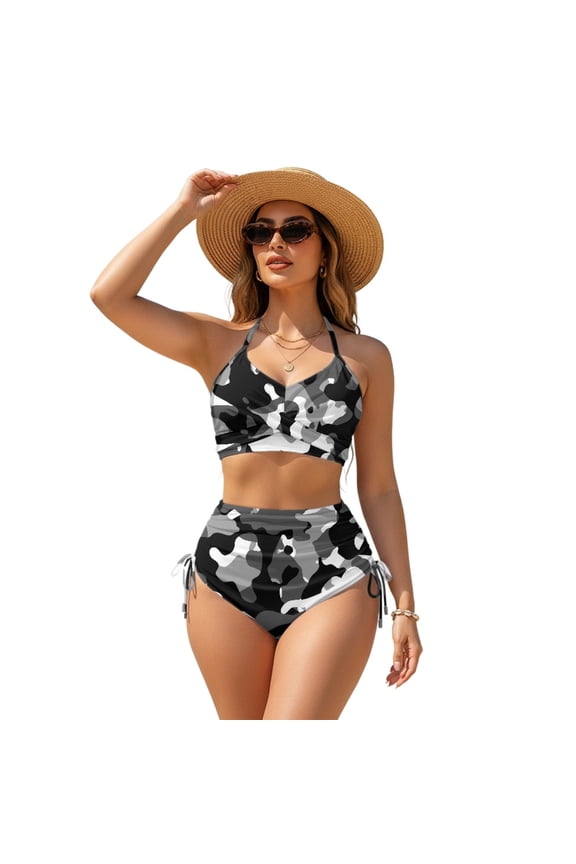High Waisted Bathing Suit for Beach Spaghetti Strap Drawstring 2 Piece Swimwear, Camo Size Medium