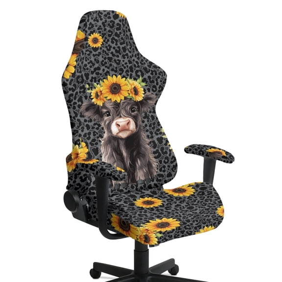 Whosucclay Highland Cattle Sunflower Leopard Print Gaming Chair Covers, Stretchable Gamer Chair Protector Soft Breathable Scratch Resistant Gaming Chairs Seat Cover with 2Pcs Armrest Slipcovers