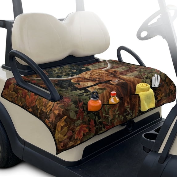 Whosucclay Highland Cow Camo Quilted Golf Cart Seat Covers, 51.18 x 30.3 inches 4 Convenient Pockets Seat Towel Cover with Reusable