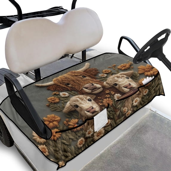 Whosucclay Highland Cow Family Golf Cart Seat Cover, Non-slip Golf Cart Seat Protector for 2-Seat Golf Carts Anti-Wear Golf Cart Seat Towel Blanket, 52.36"x 32.28"