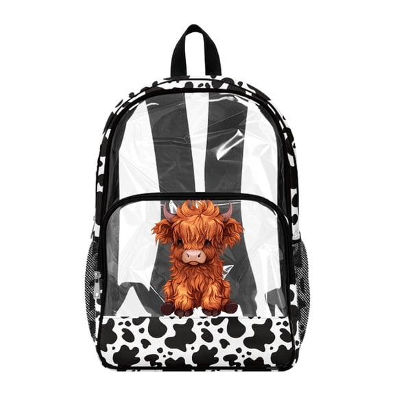 Whosucclay Highland Cow Print 17 Inch Travel Backpack, Wide Shoulder Straps Transparent School Bag, Side Net Pocket Design See Through Bag for Elementary