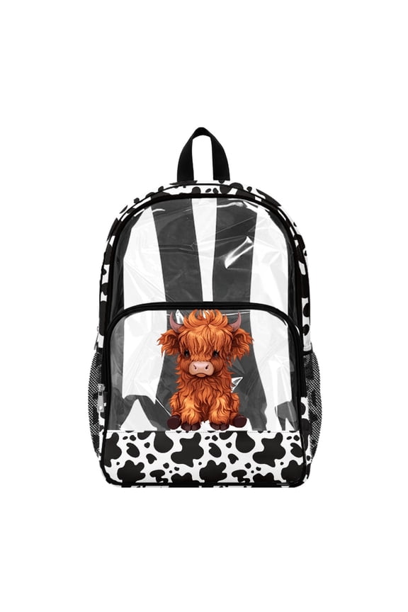 Highland Cow Print 17 Inch Travel Backpack, Wide Shoulder Straps Transparent School Bag, Side Net Pocket Design See Through Bag for Elementary