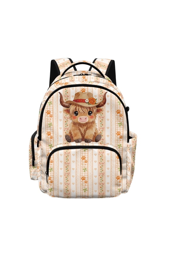 Highland Cow Print Students Rucksack for Boys Girls, Adjustable Straps Satchel High School Kindergarten Lightweight Book Bags with Front Pocket for Travel