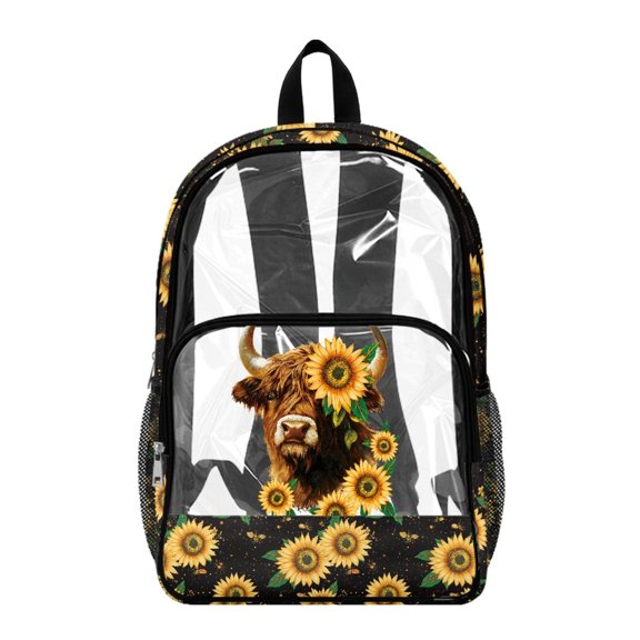 Whosucclay Highland Cow Sunflower Clear Bag with Wide Shoulder Straps Adjustable Straps Daypack, Multi-Pocket 17 Inch School Backpack for Travel Stadium Outdoor