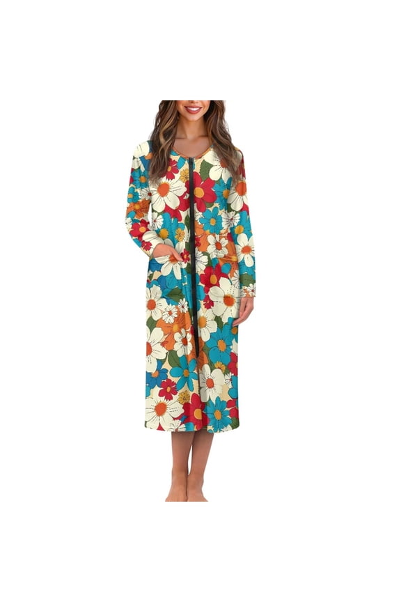 Hippie Daisy Flower Print Zipper Front Robes for Women Long Sleeve Loungewear House Coat Long Nightgown with Pockets Crew Neck Women's Night Dress Bathrobes with Zipper, S