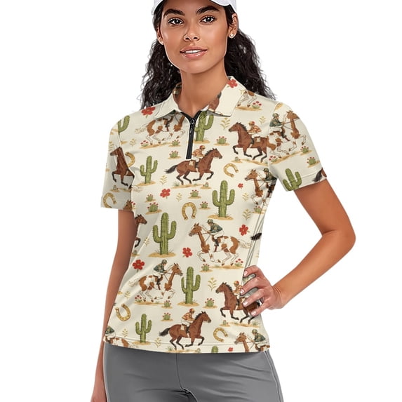 Whosucclay Horse & Cactus Pattern Lightweight Polo Shirts, Polyester Tennis Shirts Breathable Soft Short Sleeve Golf Shirts for Women for Gym Outdoor Size Small