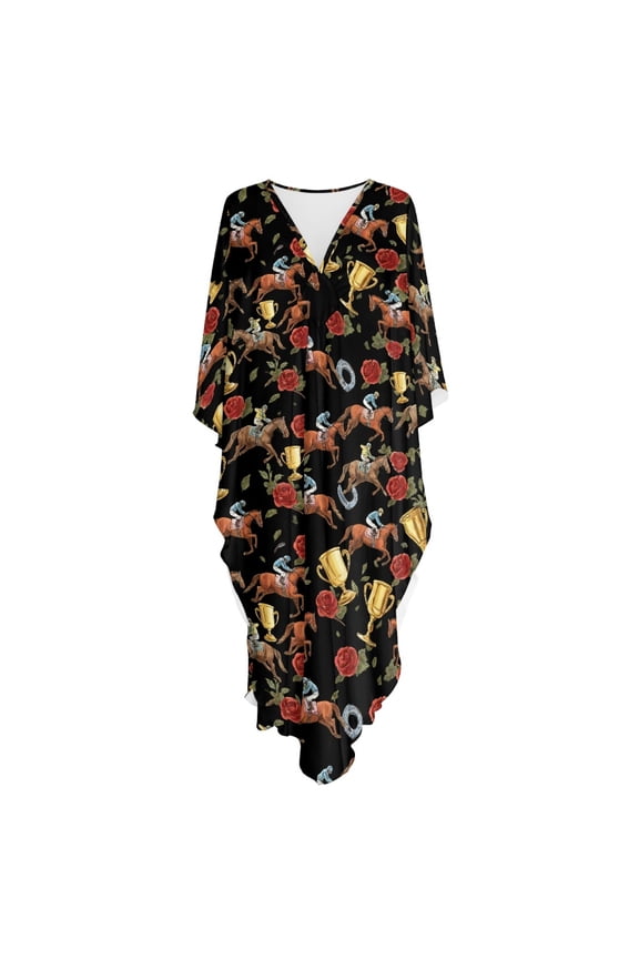 Horse Racing Rose Print, Kaftan Swimsuit Cover Up for Ladies Moroccan Moo Moo Dress Plus Size Flowy Maxi Length Beach Cover Up for Resort Wear