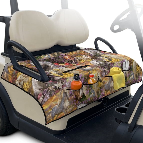 Whosucclay Horses Wildflowers Golf Cart Seat Towel, 4 Pockets Seat Blanket for EZGO Yamaha Carts Club Car Front Seat 2-Person Golf Cart, 51.18 x 30.3 inches